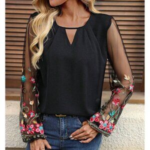 Floral Embroidery Mesh Lockhole Collar Blouse Black